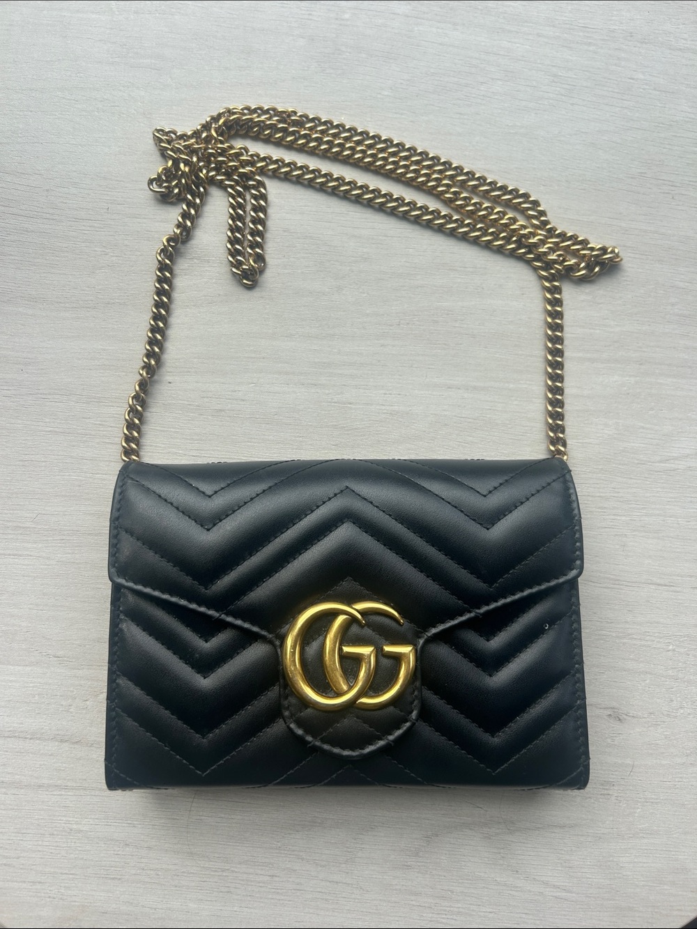 Gucci Black Matelassé Chevron Crossbody with Gold Chain